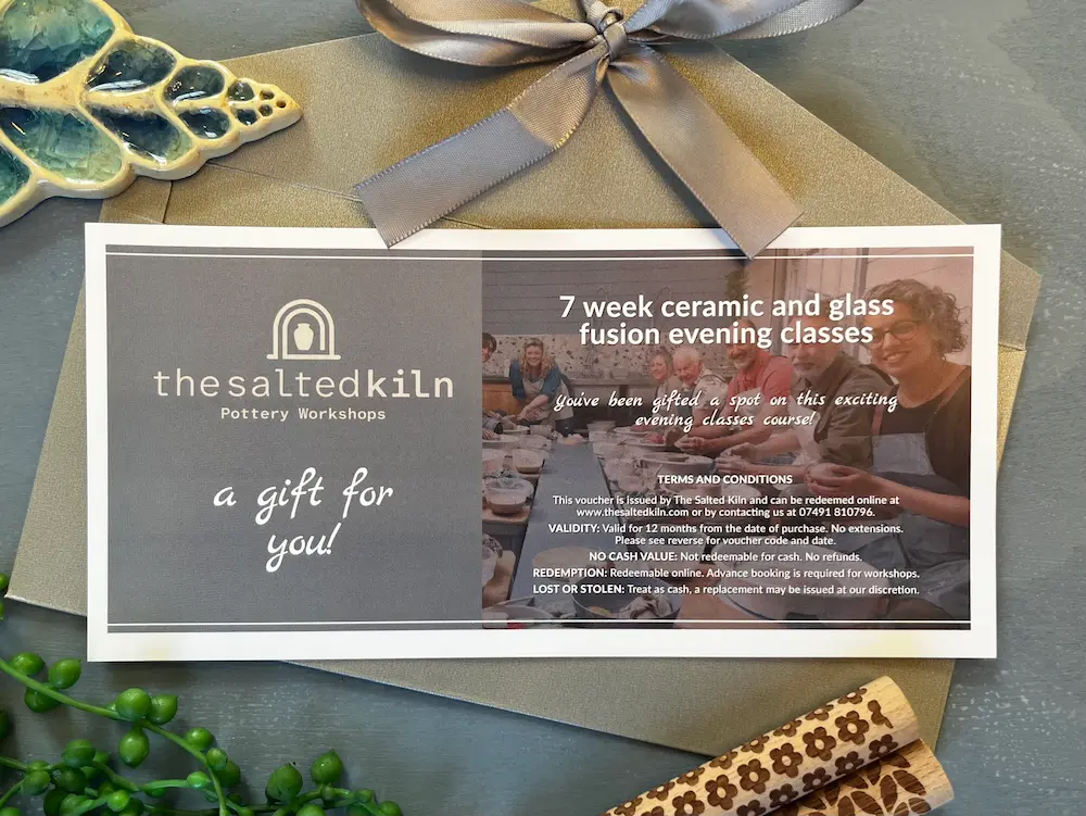 A gift voucher for a ceramic and glass fusion pottery class